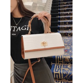 Women Vintage Faux Leather Alligator Color Matching Handbag Shoulder Bag