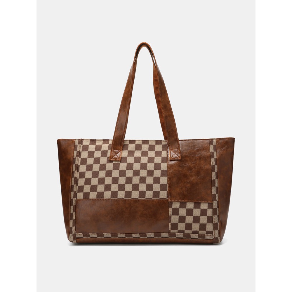 Vintage Delicate Printing Patchwork Handbag Faux Leather Large Capacity Tote Shopping Bag