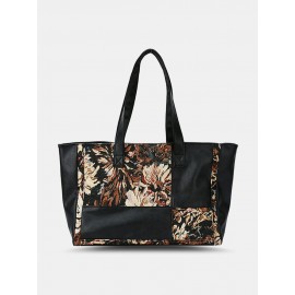 Vintage Delicate Printing Patchwork Handbag Faux Leather Large Capacity Tote Shopping Bag