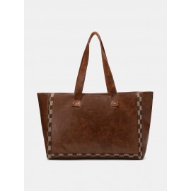 Vintage Delicate Printing Patchwork Handbag Faux Leather Large Capacity Tote Shopping Bag