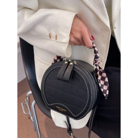 Trendy Klein Blue Stone Pattern Handbag Faux Leather Rivet Round Silk Scarves Decoration Crossbody bag