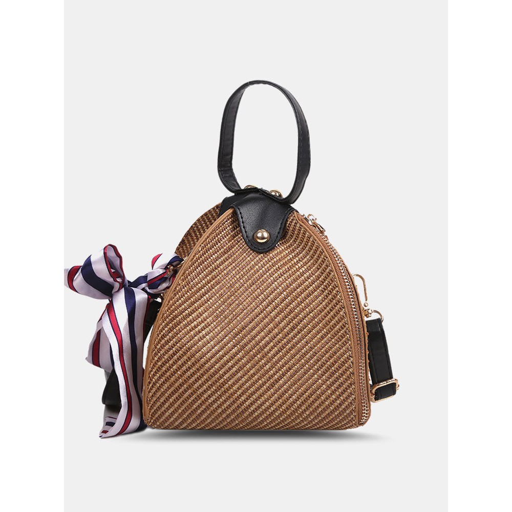 Women Straw Casual Weave Beautiful Silk Scarf Solid Color Crossbody Bag Handbag