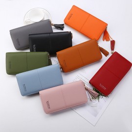 Women Faux Leather Long Phone Purse 8 Card Slot Wallet Tassel Multi-function Coin Bag