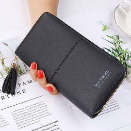 Women Faux Leather Long Phone Purse 8 Card Slot Wallet Tassel Multi-function Coin Bag