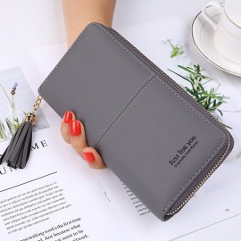 Women Faux Leather Long Phone Purse 8 Card Slot Wallet Tassel Multi-function Coin Bag