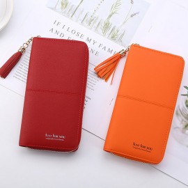 Women Faux Leather Long Phone Purse 8 Card Slot Wallet Tassel Multi-function Coin Bag