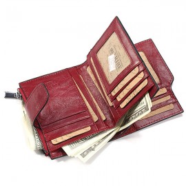 Women Trifold Genuine Leather Short Wallet 15 Card Holder Coin Purse