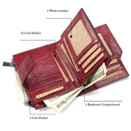 Women Trifold Genuine Leather Short Wallet 15 Card Holder Coin Purse