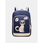 Women Canvas Cute Cat Print Patchwork Casual Backpack School Bag