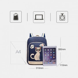 Women Canvas Cute Cat Print Patchwork Casual Backpack School Bag