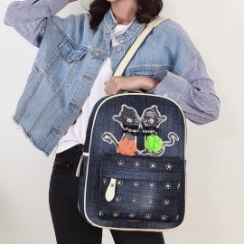 Women Canvas Cute Cat Print Patchwork Casual Backpack School Bag