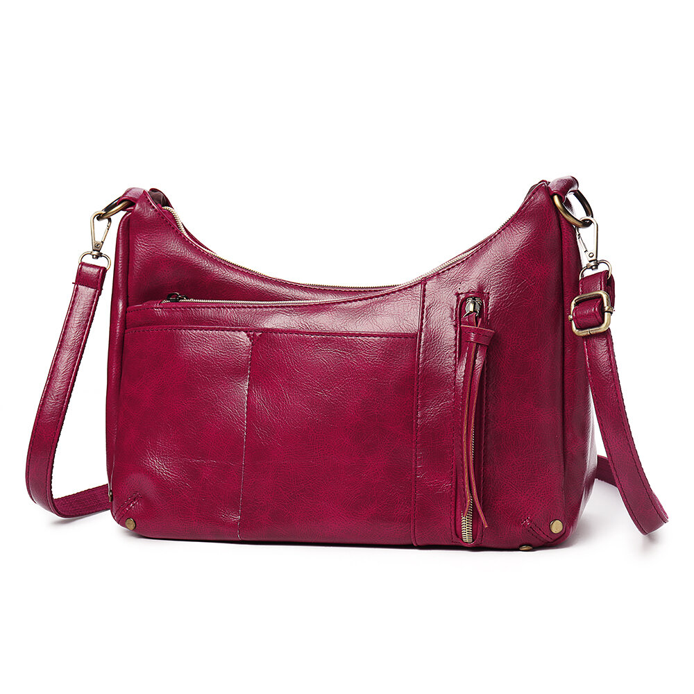 Women Multi-pockets Solid Wax Oil Skin Shoulder Bag