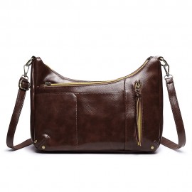 Women Multi-pockets Solid Wax Oil Skin Shoulder Bag