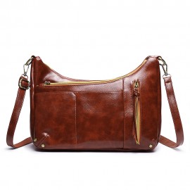 Women Multi-pockets Solid Wax Oil Skin Shoulder Bag