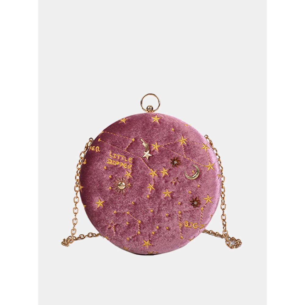 Women Round Clip Embossed Crossbody Bag Chain PU Leather Shoulder Bag