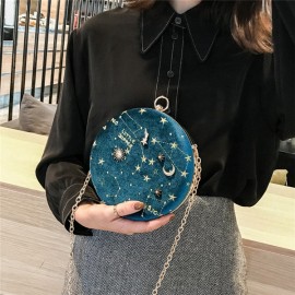 Women Round Clip Embossed Crossbody Bag Chain PU Leather Shoulder Bag