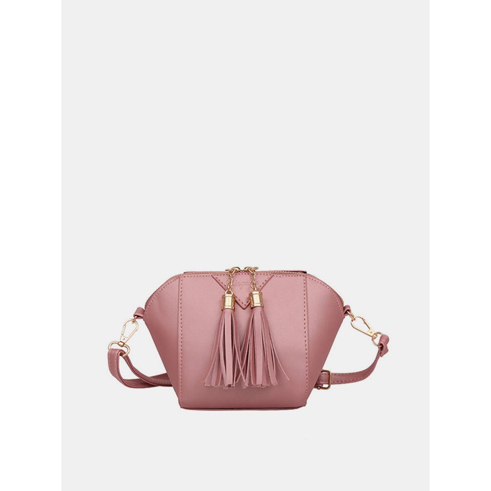 Women Mini Tassel Phone Bag Shell Solid Leisure Crossbody Bag