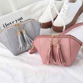 Women Mini Tassel Phone Bag Shell Solid Leisure Crossbody Bag