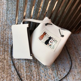 Women Cute Cat Pattern Bucket Bag PU Leather Mini Crossbody Bag