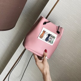 Women Cute Cat Pattern Bucket Bag PU Leather Mini Crossbody Bag