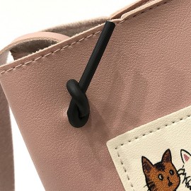 Women Cute Cat Pattern Bucket Bag PU Leather Mini Crossbody Bag
